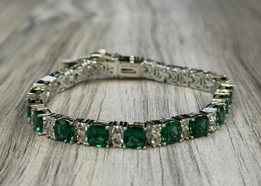 Zales 6mm Cushion Cut Lab Emerald White Sapphire Alternating Link Bracelet NEW